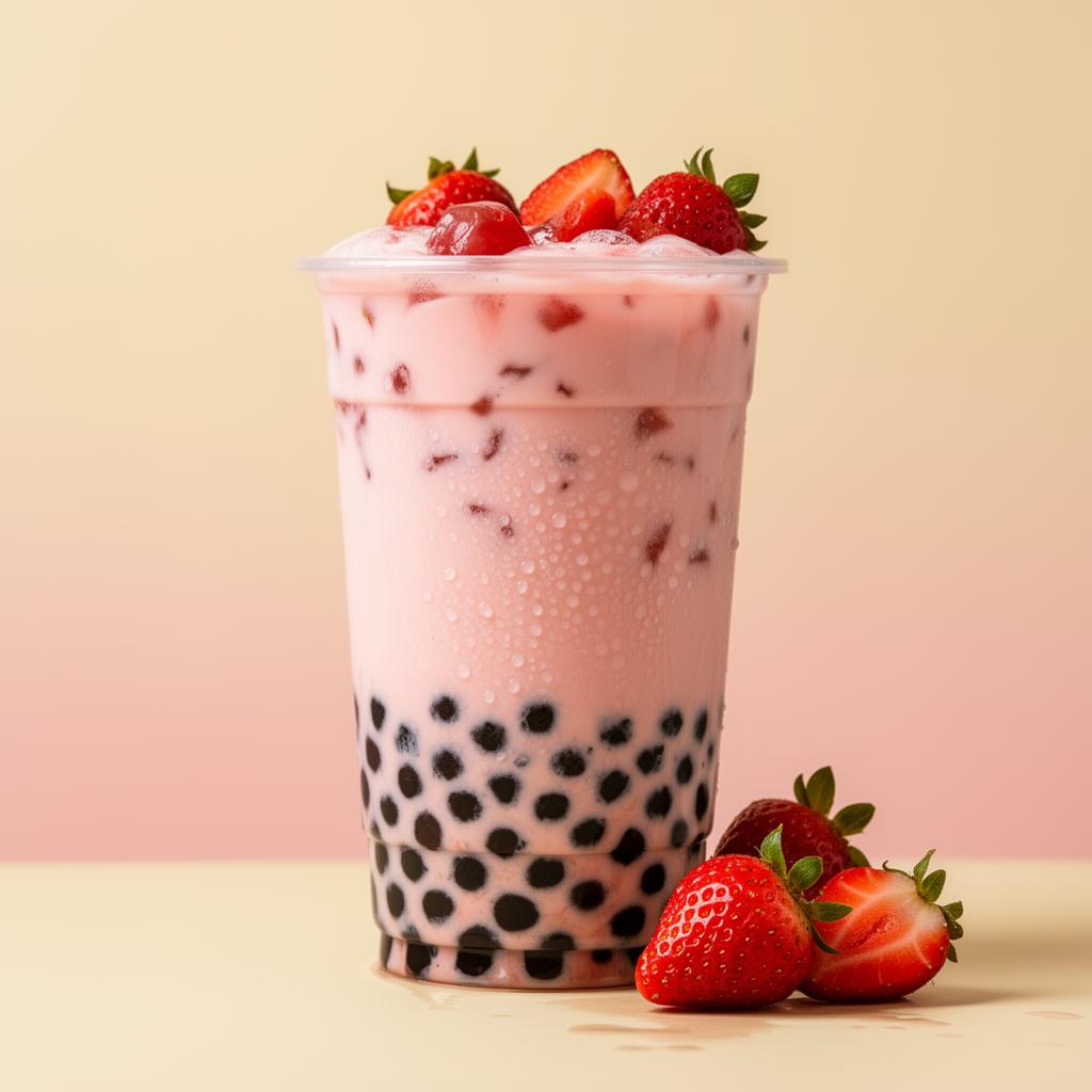 Strawberry boba milk tea with fresh strawberries